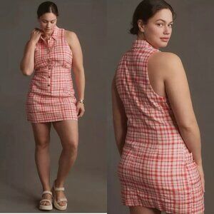 NWT Anthropologie Linen Collared Button-Front Mini Dress 1X Red White Plaid